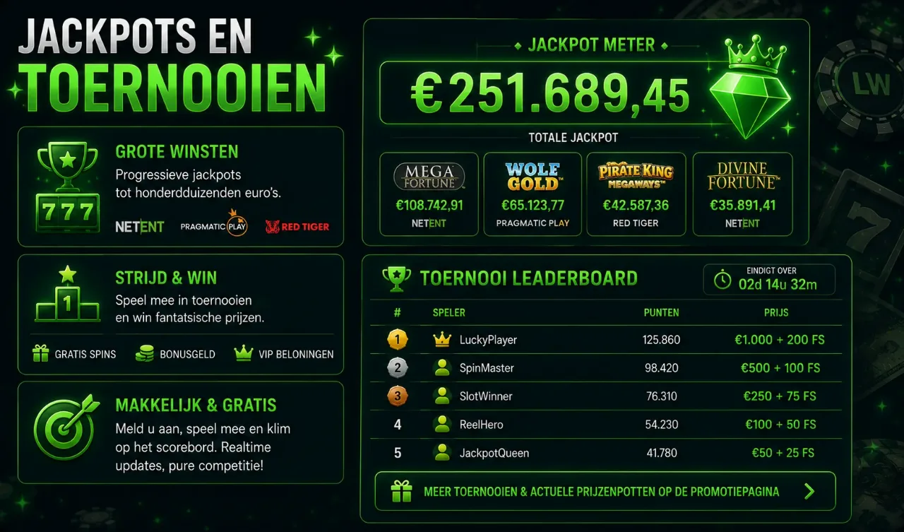 Jackpotmeter en toernooi-leaderboard op scherm