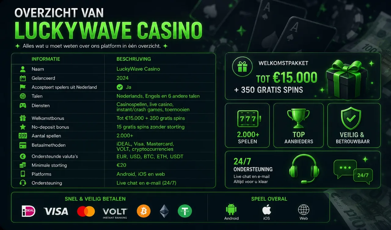 Overzichtstabel met LuckyWave casino kenmerken en details